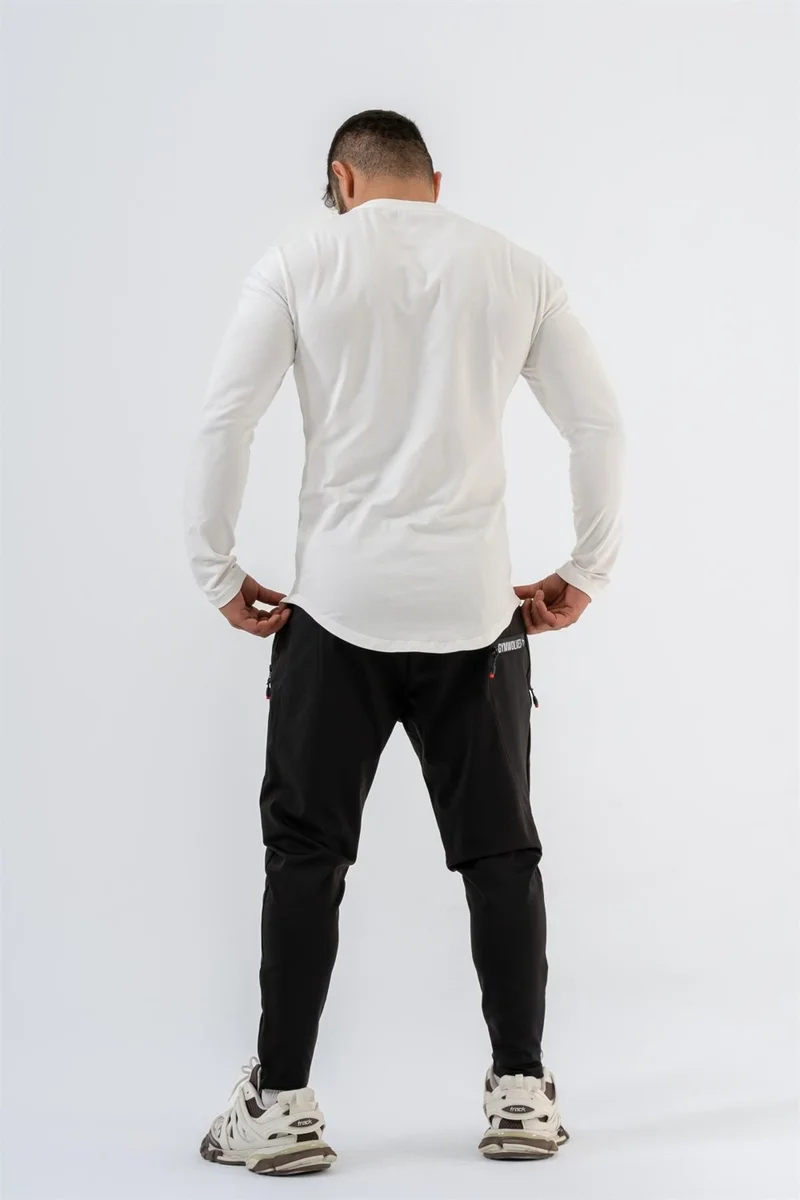 جيموولف Men's Sports Bodysuit | White | Long Sleeve Sports T-Shirt | Basic Series |