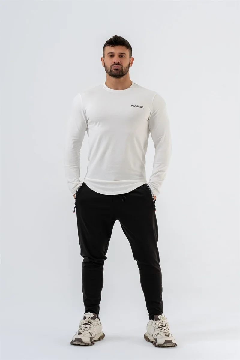 جيموولف Men's Sports Bodysuit | White | Long Sleeve Sports T-Shirt | Basic Series |