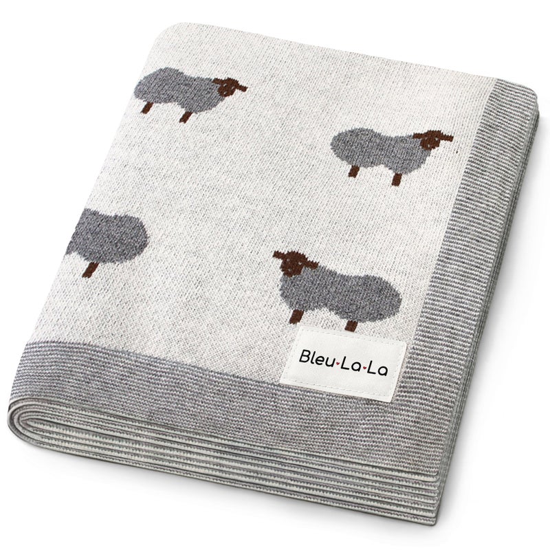 Bleu La La Luxury Cotton Knit Swaddle Baby Blanket - Soft Cozy Lightweight Unisex Receiving Swaddler Stroller Quilt Blanket for Shower Gift Registry for Newborns Infants Toddlers (Sheep - Ivory) - Image 1
