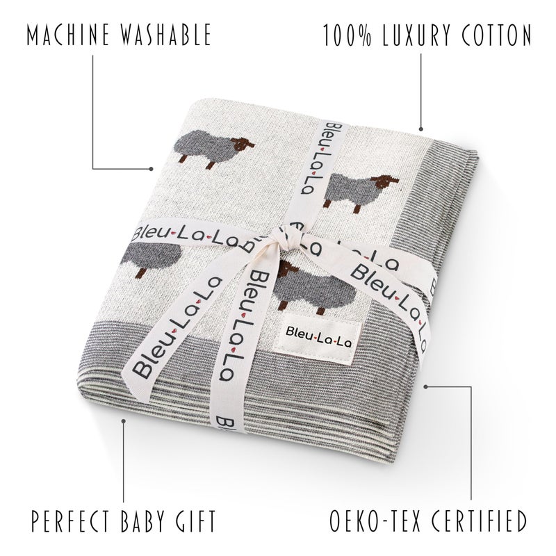 Bleu La La Luxury Cotton Knit Swaddle Baby Blanket - Soft Cozy Lightweight Unisex Receiving Swaddler Stroller Quilt Blanket for Shower Gift Registry for Newborns Infants Toddlers (Sheep - Ivory) - Image 3