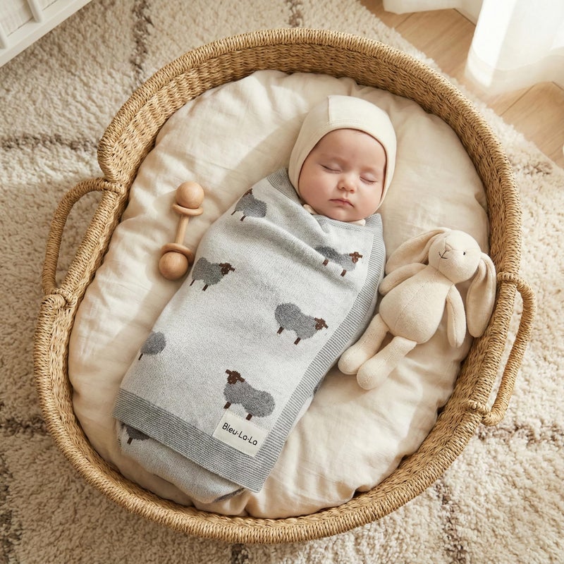 Bleu La La Luxury Cotton Knit Swaddle Baby Blanket - Soft Cozy Lightweight Unisex Receiving Swaddler Stroller Quilt Blanket for Shower Gift Registry for Newborns Infants Toddlers (Sheep - Ivory) - Image 4