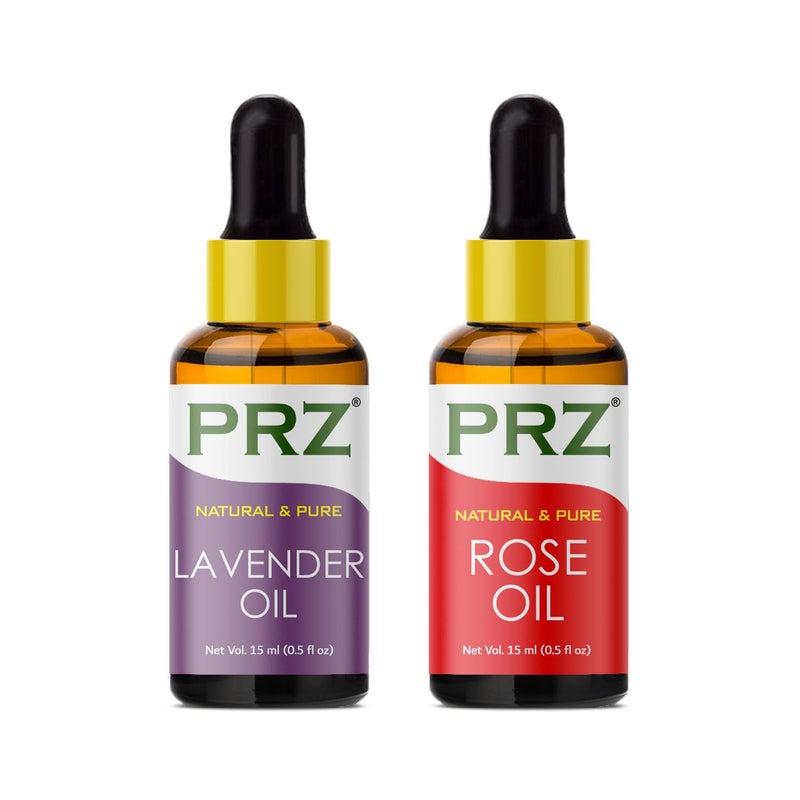 PRZ PRZ Combo of Lavender and Rose Essential Oil 100 Pure Natural  Therapeutic Grade Oil for Aromatherapy Body Massage Skin Care  Hair Growth 15ML Each  - Image 1
