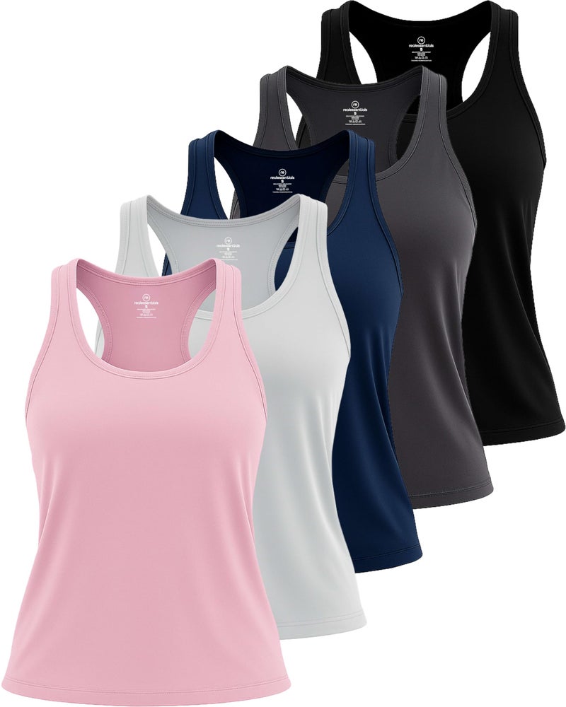 REALESSENTIALS 5 Pack: Womens Quick Dry Fit Ladies Tops Blouse Tee Athletic Yoga Workout Running Gym Active Tees Exercise Women Racerback Sleeveless Flowy Fitness Loose Fit Moisture Wicking Tank Top - Set 9,XXL - Image 1