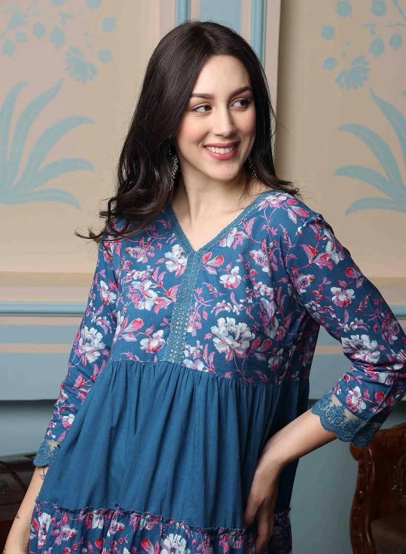 آي شين Women's Purple 100% Cotton Embellished Midi Smock Straight Fit Dress