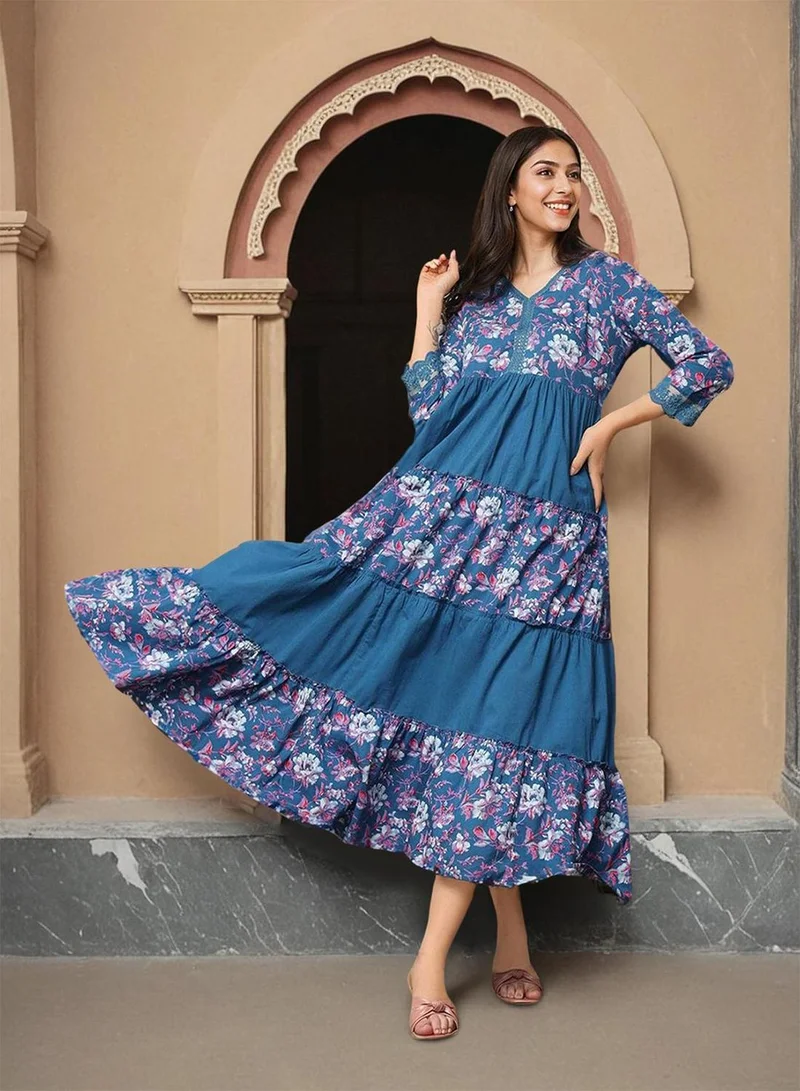 آي شين Women's Purple 100% Cotton Embellished Midi Smock Straight Fit Dress