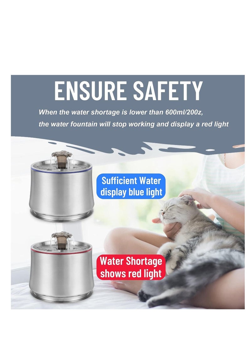 Cat Water Fountain, Stainless Steel 84oz/2.5L Pet Automatic Fountain, Ultra-Quiet Dog Drinking Dispenser with Shortage Mode, Water Bowl Fountain with Filters, USB Adapter and Clean Brush