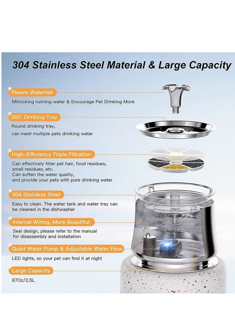 Cat Water Fountain, Stainless Steel 84oz/2.5L Pet Automatic Fountain, Ultra-Quiet Dog Drinking Dispenser with Shortage Mode, Water Bowl Fountain with Filters, USB Adapter and Clean Brush