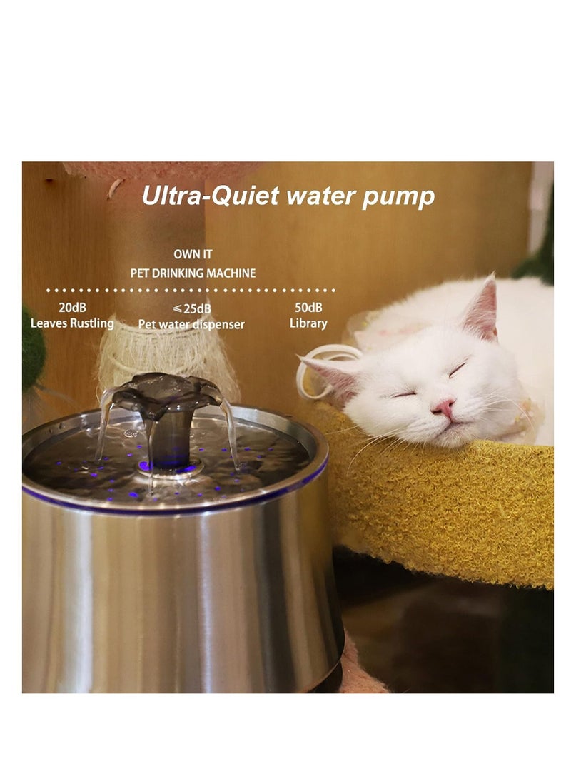 Cat Water Fountain, Stainless Steel 84oz/2.5L Pet Automatic Fountain, Ultra-Quiet Dog Drinking Dispenser with Shortage Mode, Water Bowl Fountain with Filters, USB Adapter and Clean Brush