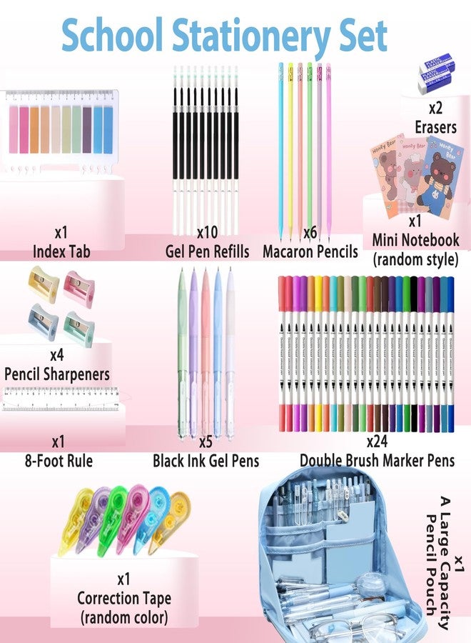 Ristpal 56 PCS Aesthetic School Supplies with Large Pencil Case, 24 Double Brush Marker Pens, 5 Black Ink Gel Pens, 6 Macaron Pencils, 4 Sharpeners, Sticky Notes, Ruler, Erasers, Stationery Gift - Image 2
