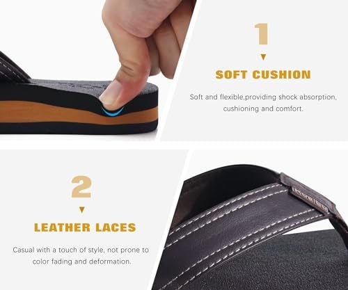 KuaiLu Men's Leather Flip Flops Arch Support Summer Beach Pool Water Thong Sandals Waterproof Rubber Walking Shoes Slip on Orthotic Casual Sport Cushioned Wide Slides Shower Slippers Brown Size 7 - Image 5