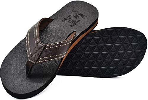 KuaiLu Men's Leather Flip Flops Arch Support Summer Beach Pool Water Thong Sandals Waterproof Rubber Walking Shoes Slip on Orthotic Casual Sport Cushioned Wide Slides Shower Slippers Brown Size 7 - Image 1