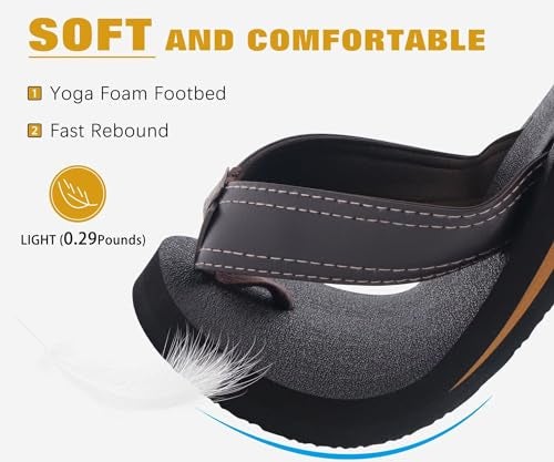 KuaiLu Men's Leather Flip Flops Arch Support Summer Beach Pool Water Thong Sandals Waterproof Rubber Walking Shoes Slip on Orthotic Casual Sport Cushioned Wide Slides Shower Slippers Brown Size 7 - Image 3