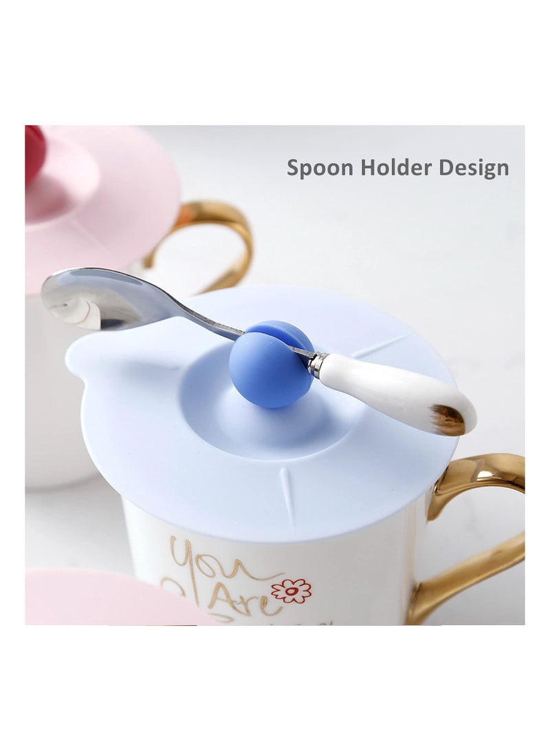 Y&D 4 Pieces Silicone Card Slot Cup Lid, Glass Coffee Mugs Mug Dustproof Spill-Proof Sealed, Covers Reusable Heat Resistant Lids with Spoon Holder  - Image 2