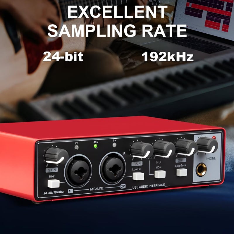 Powerpak AI-06 2 Channel Audio Interface | 24-bit/192kHz High Fidelity Recording, 48V Phantom Power Support | XLR/MIC/LINE inputs | Plug and Play-No Drivers for Recording, Podcaster - Image 2