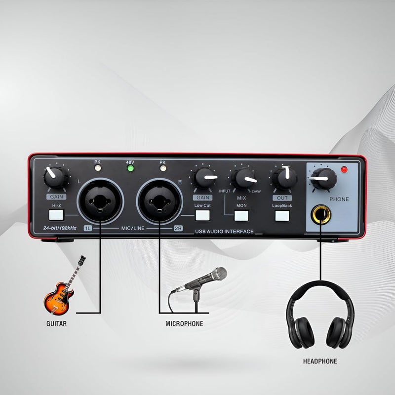 Powerpak AI-06 2 Channel Audio Interface | 24-bit/192kHz High Fidelity Recording, 48V Phantom Power Support | XLR/MIC/LINE inputs | Plug and Play-No Drivers for Recording, Podcaster - Image 4