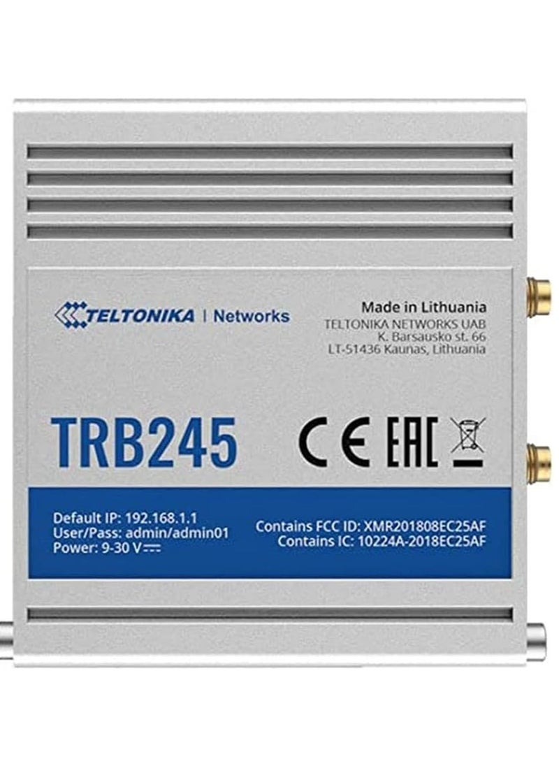 TELTONIKA - Teltonika TRB245 Industrial M2M LTE Gateway, 4G/LTE (Cat 4), 3G, 2G Connectivity, Up to 150 Mbps Speed, Dual Sim With Auto Failover, RS232/RS485 Serial Ports, Multiple I/O Inputs & Outputs - Image 1