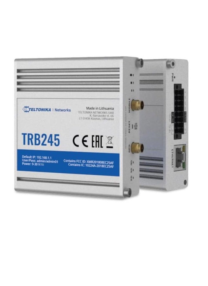 TELTONIKA - Teltonika TRB245 Industrial M2M LTE Gateway, 4G/LTE (Cat 4), 3G, 2G Connectivity, Up to 150 Mbps Speed, Dual Sim With Auto Failover, RS232/RS485 Serial Ports, Multiple I/O Inputs & Outputs - Image 1