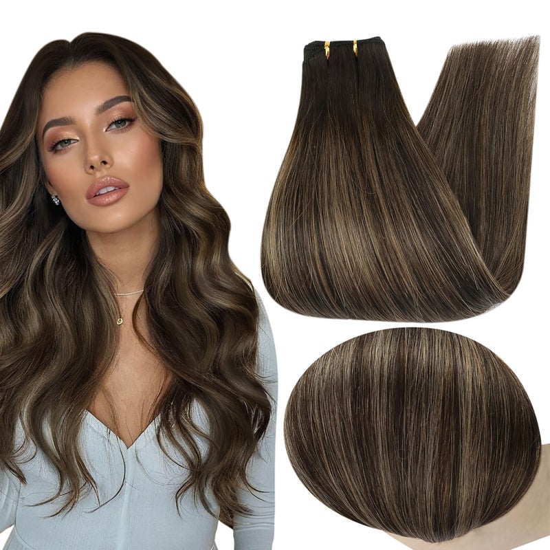 Full Shine Balayage Weft Hair Extensions Human Hair 24 Inch Sew in Hair Extensions Real Human Hair Color 2 Dark Brown Fading to 8 Brown Highlight 2 Remy Hair Extensions Real Human Hair 105G for Women