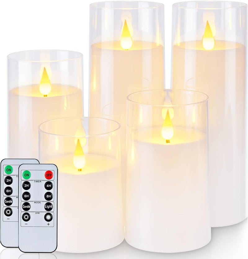 Homemory Pure White Flickering Flameless Candles, Battery Operated Acrylic LED Pillar Candles with Remote Control and Timer, Set of 5 - Image 1