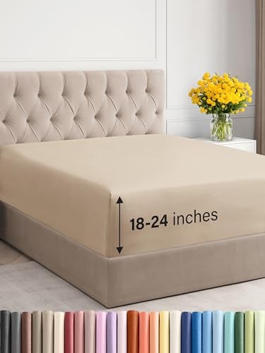 CGK Unlimited Extra Deep Cal King Fitted Sheet  Hotel Luxury Single Fitted Sheet Only  Easily Fits 18 inch to 24 inch Mattress  Ultra Soft Wrinkle  Fade Free wExtra Deep Pockets  Breathable  Comfy  Cream