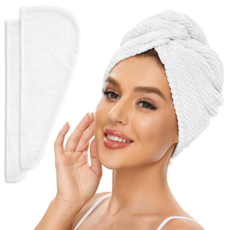 SimpleField 2 Pack Microfiber Hair Towel Wrap for Women, Anti Frizz Quick Drying Hair Turban for All Hair Style, Absorbent and Lightweight (Bright White) - Image 1