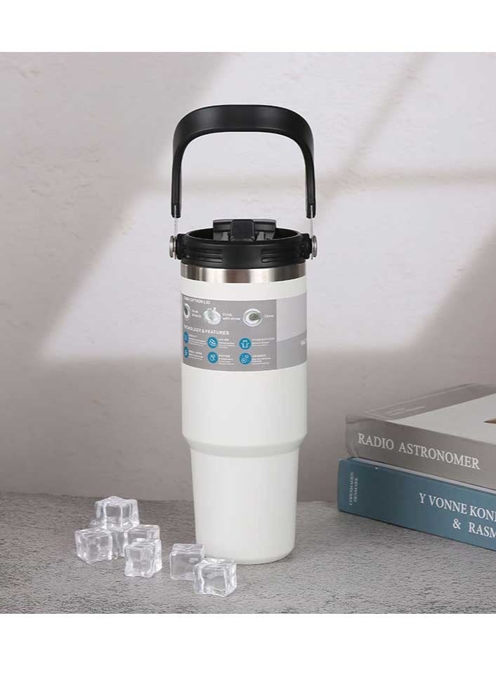 Generic Tumbler with Handle and Flip Straw, Stainless Steel Vacuum Insulated Water Bottle Travel Mug Thermal Cup for Home, Office, Car, Outdoors, Sports（White） - Image 1
