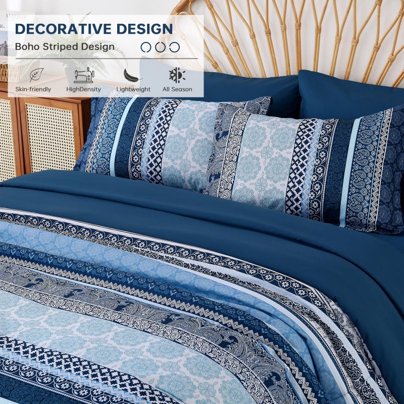 Cottolester Boho Comforter Set Queen Size,8 Pieces Navy Blue Bohemian Striped Bed in a Bag,Paisley Soft Microfiber Bedding Comforter Set - Image 3