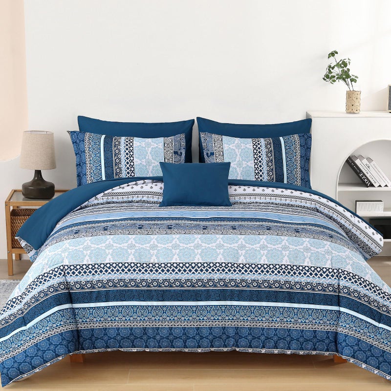 Cottolester Boho Comforter Set Queen Size,8 Pieces Navy Blue Bohemian Striped Bed in a Bag,Paisley Soft Microfiber Bedding Comforter Set - Image 1