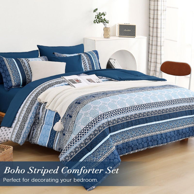 Cottolester Boho Comforter Set Queen Size,8 Pieces Navy Blue Bohemian Striped Bed in a Bag,Paisley Soft Microfiber Bedding Comforter Set - Image 2