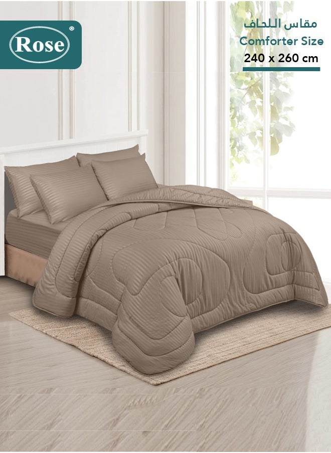 Rose ROSE Luxurious Striped Hotel Comforter, Premium Microfiber, Set of 6 pieces, Soft Lightweight, King size 260x240 cm, Mocha  - Image 1