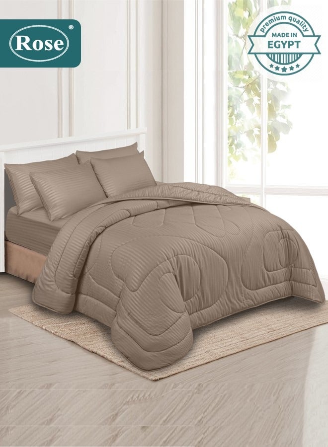 Rose Hotel Striped Comforter Set, Premium Microfiber, 6 Pieces, Fits 200x200 cm Double Size Bed, Breathable Soft Cooling, King Size Comforter, Mocha - Image 1