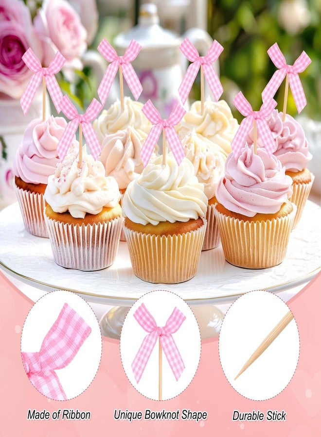 M METERXITY 30-Pack Pink Bow Cupcake Toppers, Ribbon Bow Cake Toppers Plaid Bowknot Cupcake Picks Birthday Cake Decor for Bridal Shower/Wedding/Bachelorette Party/Birthday Decor [Pink] - Image 2