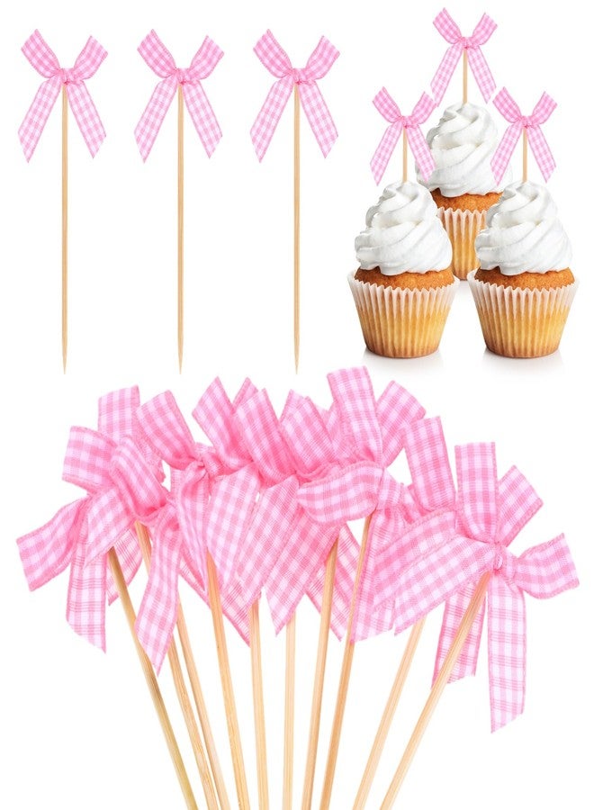 M METERXITY 30-Pack Pink Bow Cupcake Toppers, Ribbon Bow Cake Toppers Plaid Bowknot Cupcake Picks Birthday Cake Decor for Bridal Shower/Wedding/Bachelorette Party/Birthday Decor [Pink] - Image 1