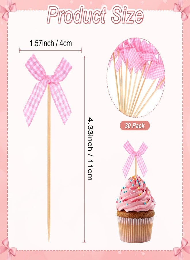 M METERXITY 30-Pack Pink Bow Cupcake Toppers, Ribbon Bow Cake Toppers Plaid Bowknot Cupcake Picks Birthday Cake Decor for Bridal Shower/Wedding/Bachelorette Party/Birthday Decor [Pink] - Image 3