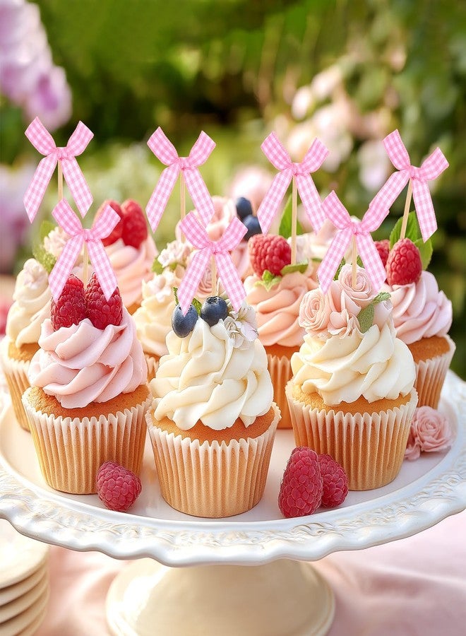 M METERXITY 30-Pack Pink Bow Cupcake Toppers, Ribbon Bow Cake Toppers Plaid Bowknot Cupcake Picks Birthday Cake Decor for Bridal Shower/Wedding/Bachelorette Party/Birthday Decor [Pink] - Image 4