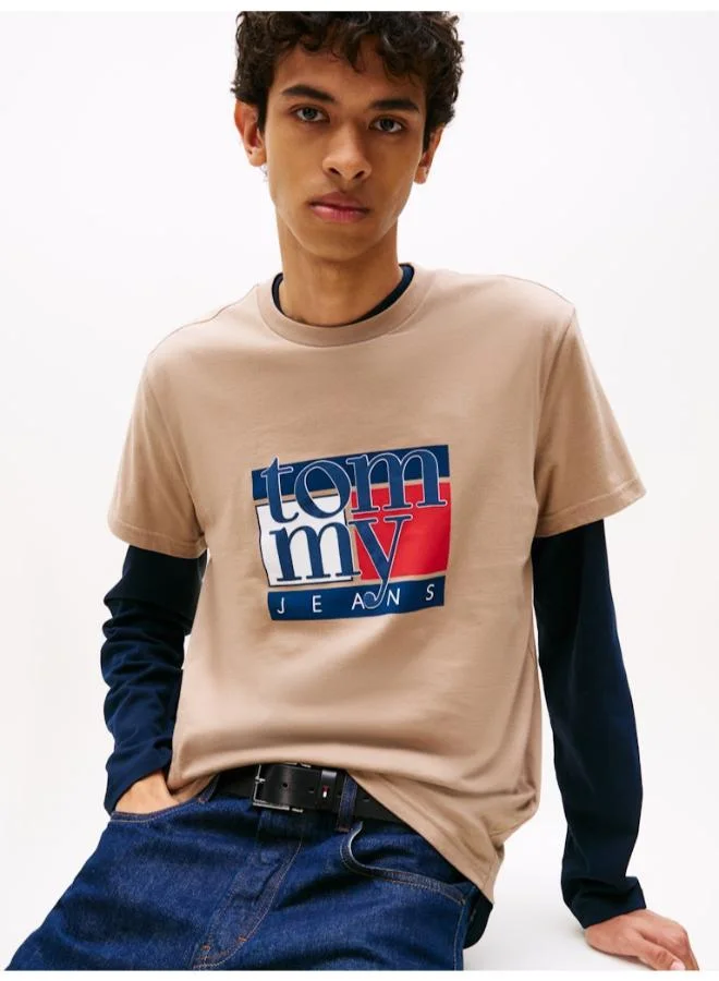 Tommy Jeans Beige Flag Graphic Slim T-Shirt for Men | Best Price UAE