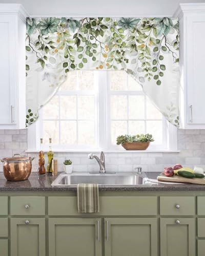Onekaccu Sage Green Eucalyptus Leaves Swag Valances for Kitchen Window Spring Summer Botanical Small Swag Curtains Drapes for Bedroom Bathroom Over Sink Rod Pocket Window Treatment Decor Valances 56x36 Inch - Image 3