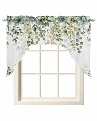 Onekaccu Sage Green Eucalyptus Leaves Swag Valances for Kitchen Window Spring Summer Botanical Small Swag Curtains Drapes for Bedroom Bathroom Over Sink Rod Pocket Window Treatment Decor Valances 56x36 Inch - Image 1