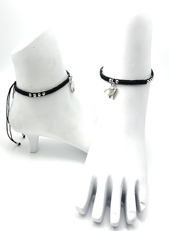 Jyokrish Handmade Adjustable Black Silk Thread hanging Dolphin anklet For Women | girls | Nazariya |Payal | Nazar Battu |Free Size | Pair of 1 - Image 3