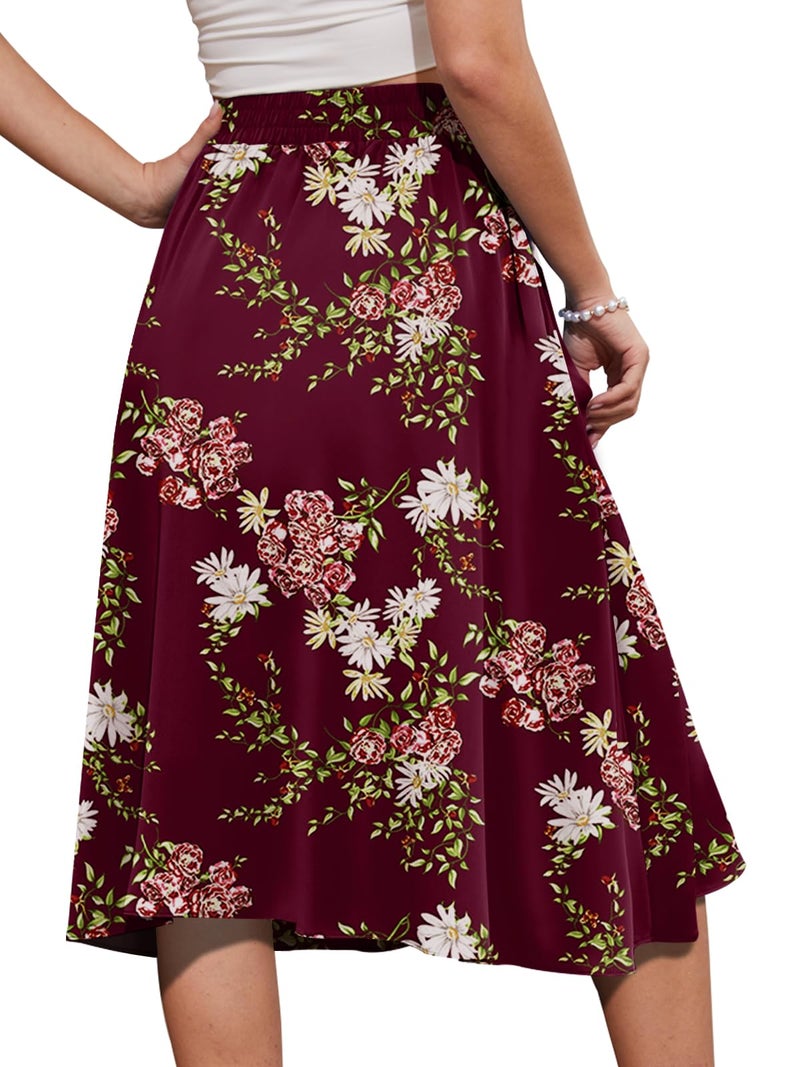 Yincro Women's A-Line Midi Skirt with Pockets High Waist Flared Below The Knee Skirts (Flower Wine Red, L) - Image 2