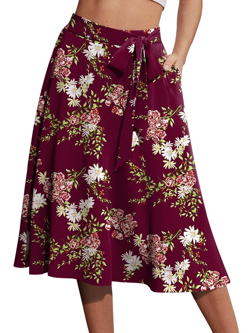 Yincro Women's A-Line Midi Skirt with Pockets High Waist Flared Below The Knee Skirts (Flower Wine Red, L) - Image 1