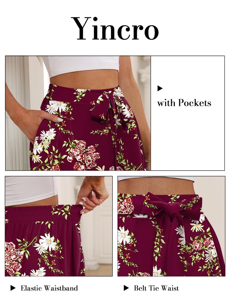 Yincro Women's A-Line Midi Skirt with Pockets High Waist Flared Below The Knee Skirts (Flower Wine Red, L) - Image 4
