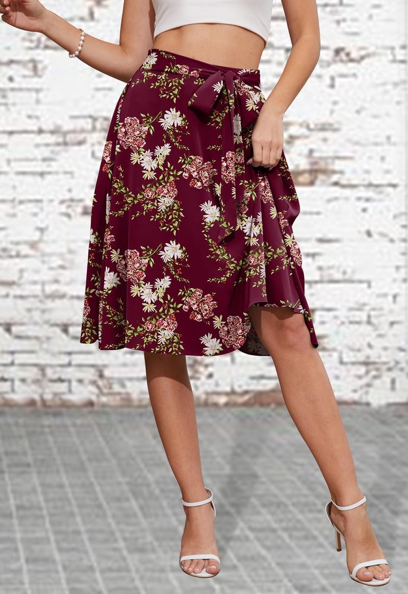 Yincro Women's A-Line Midi Skirt with Pockets High Waist Flared Below The Knee Skirts (Flower Wine Red, L) - Image 3