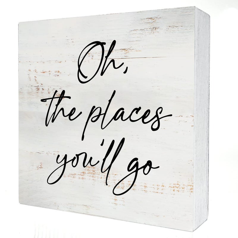 HDKY Oh the Places You'll Go Wood Box Sign Home Decor Rustic Nursery Quote Wooden Box Sign Block Plaque for Wall Tabletop Desk Home Nursery Decoration 5"" x 5"" - Image 1
