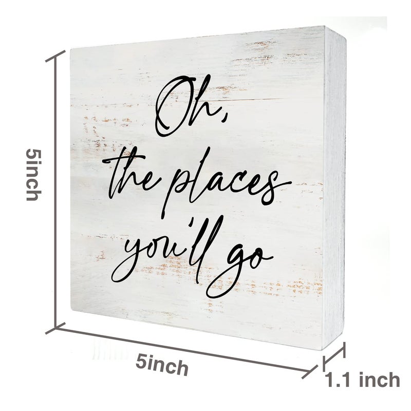 HDKY Oh the Places You'll Go Wood Box Sign Home Decor Rustic Nursery Quote Wooden Box Sign Block Plaque for Wall Tabletop Desk Home Nursery Decoration 5"" x 5"" - Image 2