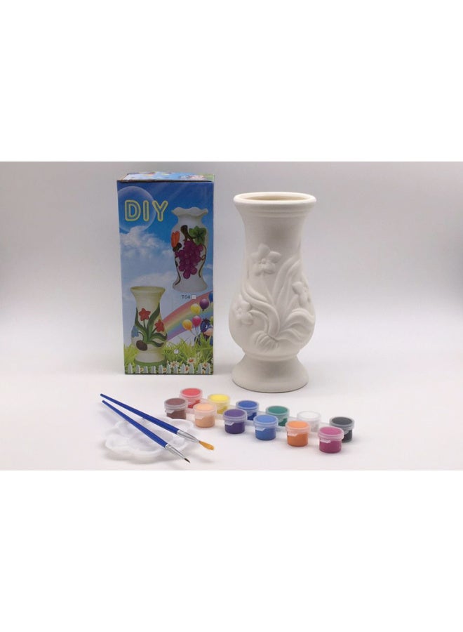 Beauenty # Children's Handmade Diy Vase White Model Painting Ceramic White Embryo Painted Toy Toy Home Pendulum-Color:Vase (12 Colors + Brush + Plate Included)  - Image 1