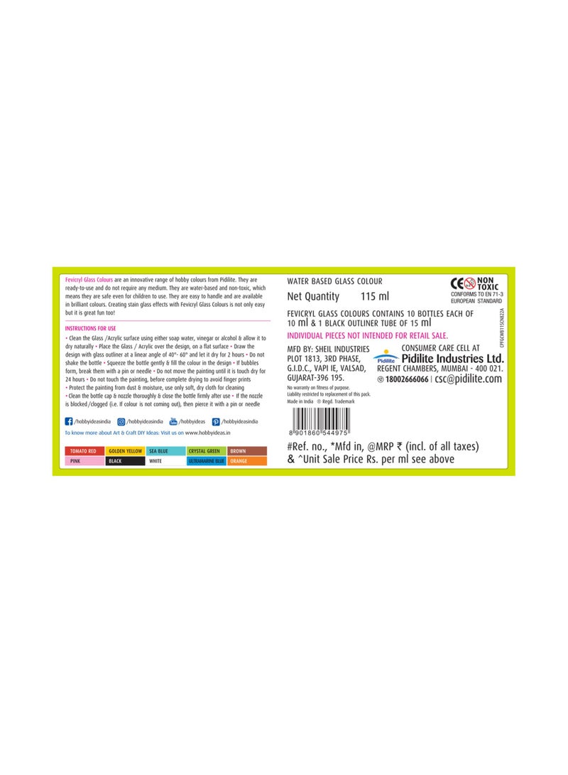 Generic Pidilite Fevicryl Water Based Glass Colours 10 Assorted (115ml)  - Image 5