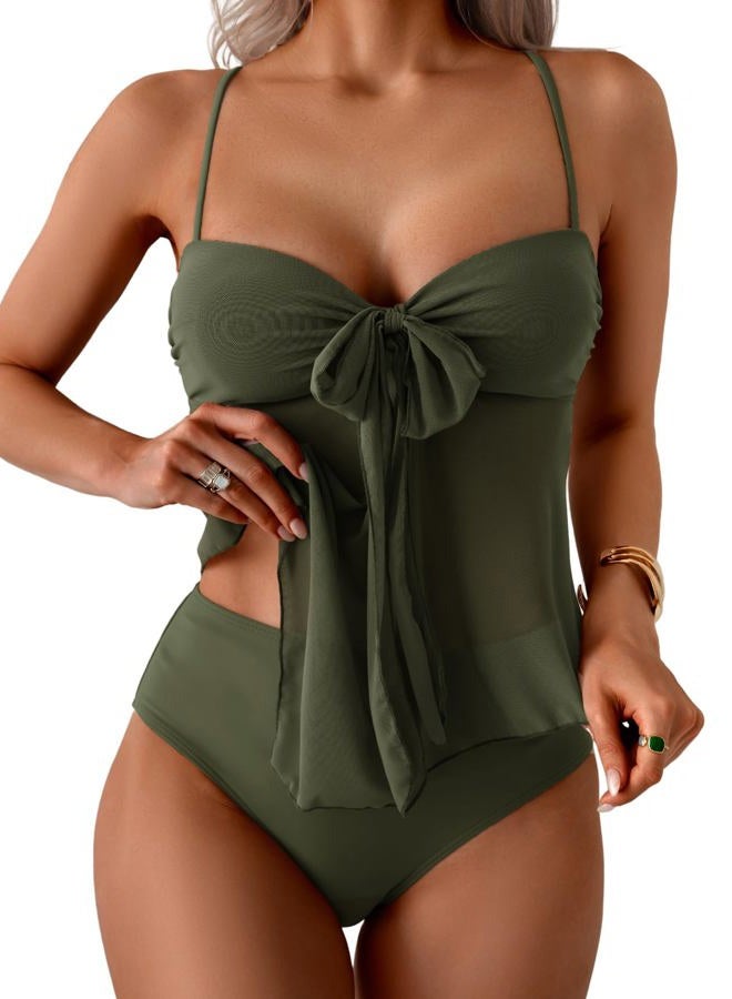 B2prity Womens Mesh Tankini Swimsuits Flowy Two Piece Bathing Suit V Neck Tie Knot Swim Top with High Waisted Bottom, Army Green, L - Image 1
