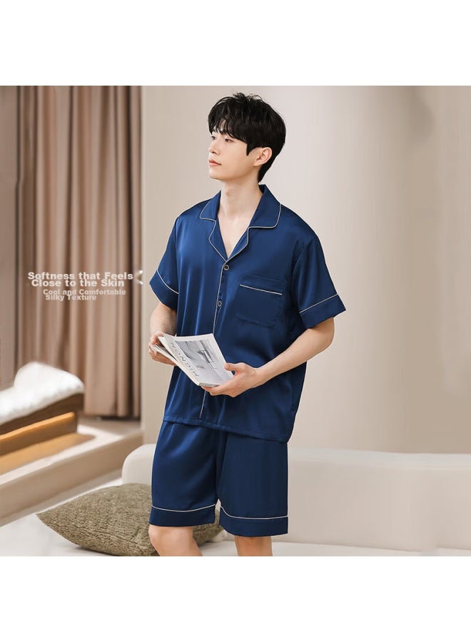 LANG SHA Langsha Men's Pajamas, Summer Thin Ice Silk Cool-feeling Faux Silk Lapel Cardigan Set, Short Style, Suitable For Outdoor Wear, Men's Loungewear - Image 2