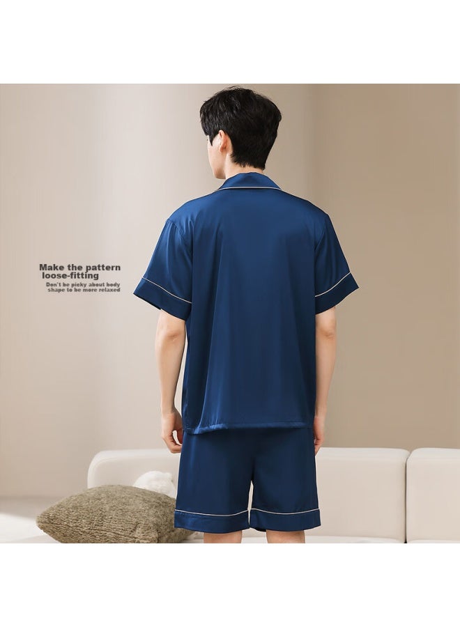 LANG SHA Langsha Men's Pajamas, Summer Thin Ice Silk Cool-feeling Faux Silk Lapel Cardigan Set, Short Style, Suitable For Outdoor Wear, Men's Loungewear - Image 3